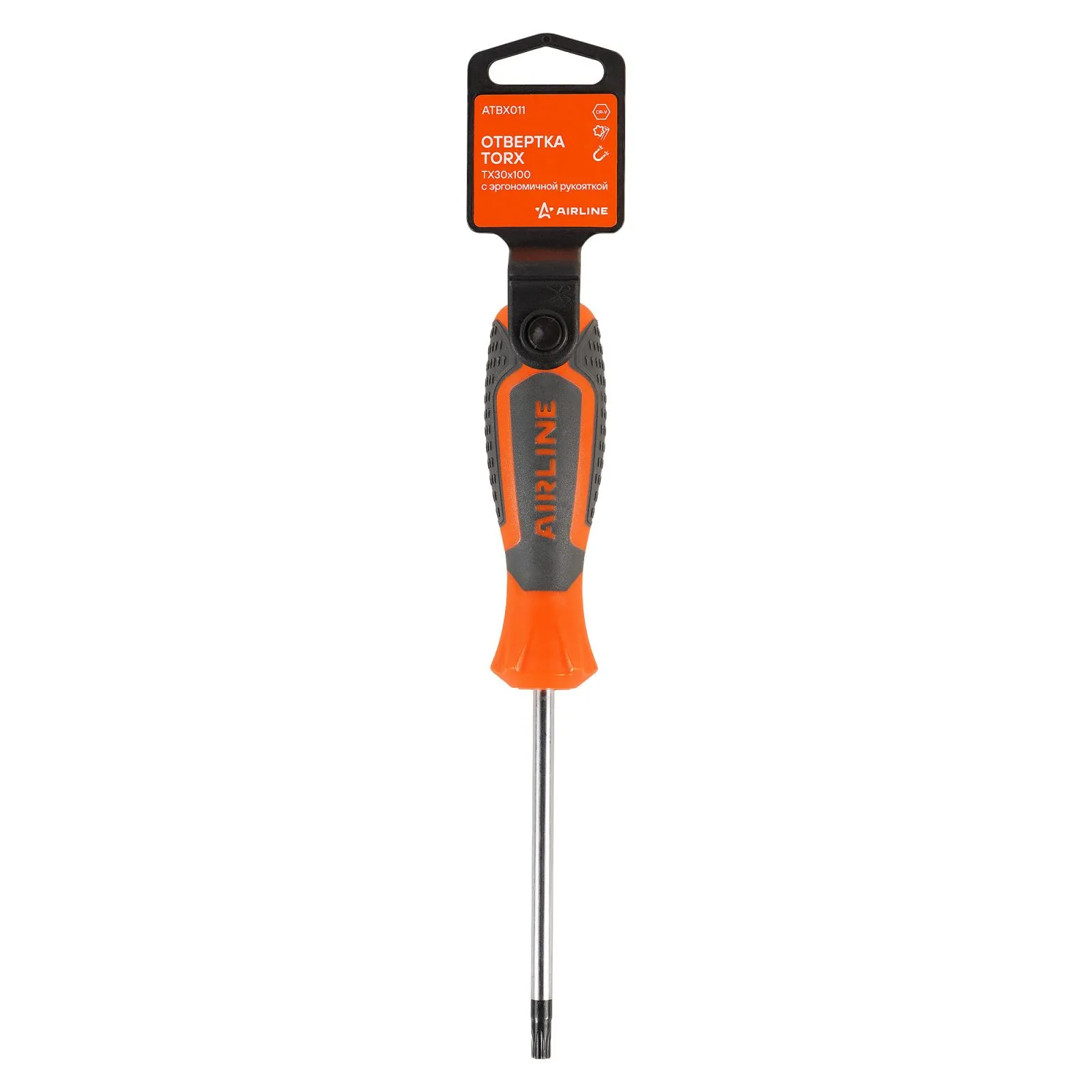 Отвертка TORX TX30x100 с эргономичной рукояткой магнитная, пласт.подвес AIRLINE ATBX011