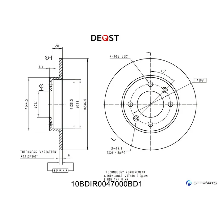 Диск тормозной, задний CITROEN BERLINGO/C2/C3/C4/PEUGEOT 307/PARTNER DEQST 10BDIR0047000
