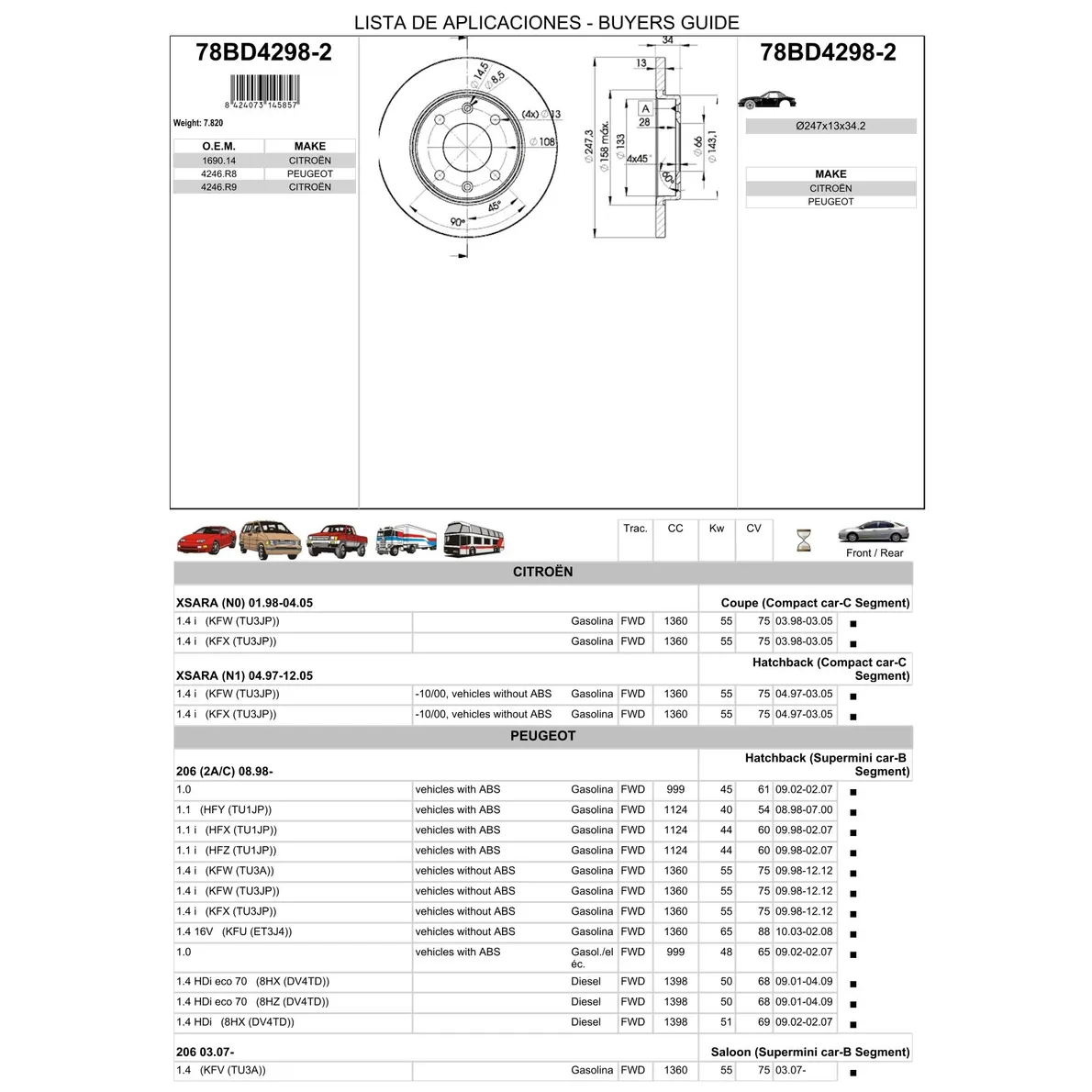 Диск тормозной передний CITROEN/PEUGEOT ICER 78BD4298-2