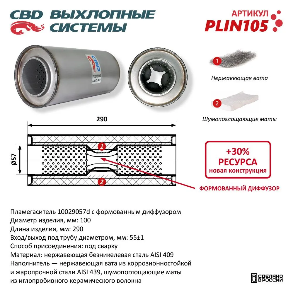 Пламегаситель 10029057d с перфорированным диффузором, из Нерж.стали. CBD. PLIN105