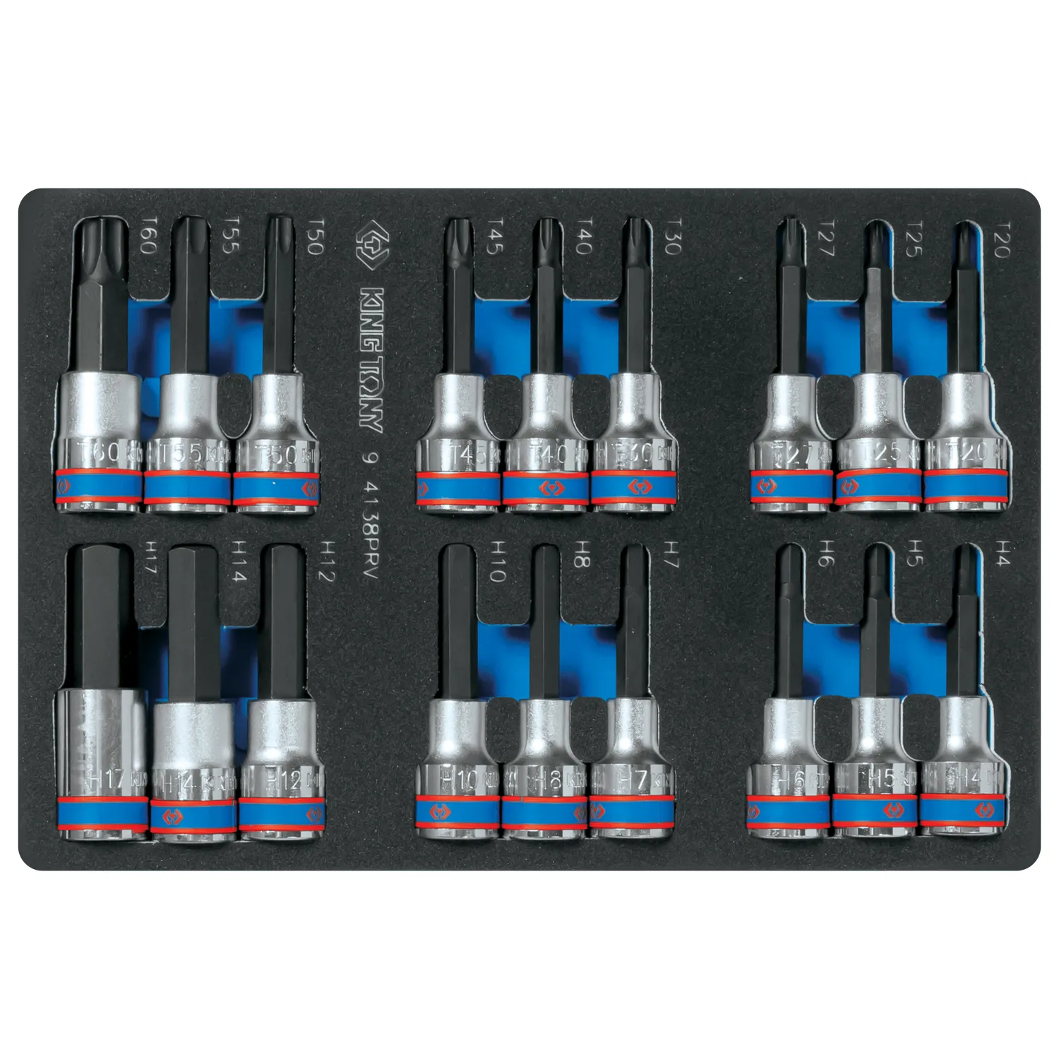Набор торцевых насадок 1/2, Torx, Hex, L = 80 мм, ложемент, 18 предметов KING TONY 94138prv