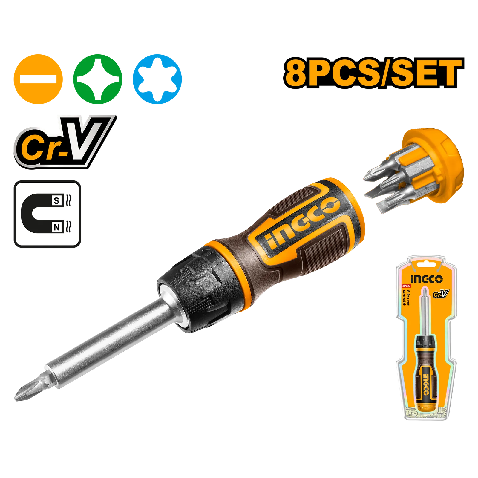 Отвертка с трещоткой и насадками INGCO AKISD0808 INDUSTRIAL INGCO AKISD0808