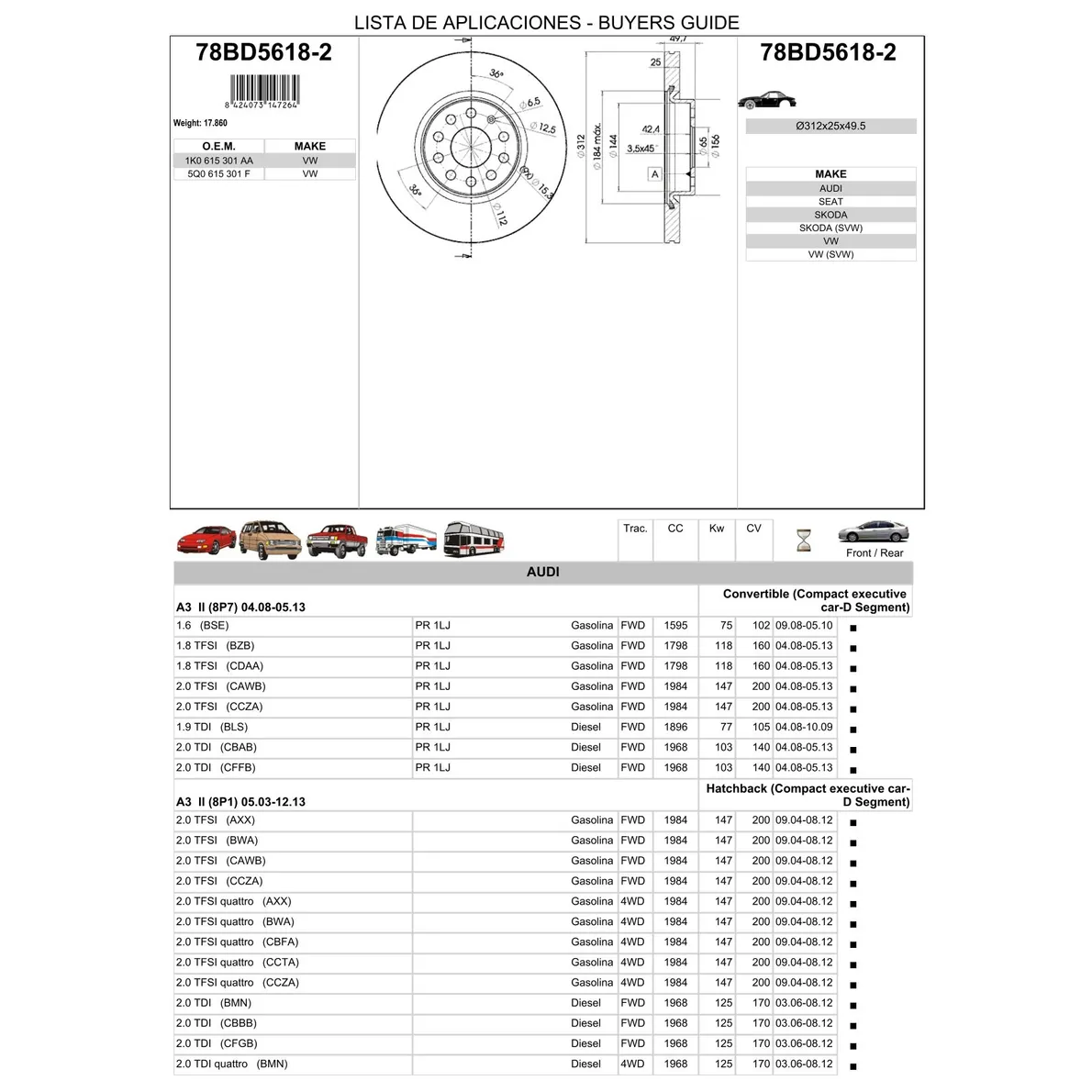 Диск тормозной передний VW JETTA/PASSAT 05-> ICER 78BD5618-2