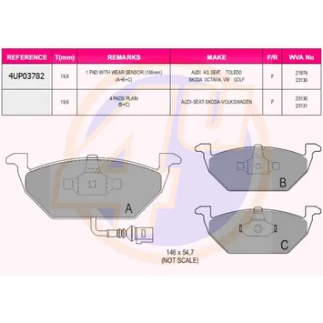 Колодки передние VW GOLF 1.4/1.9SD97-99. SKODA OCTAVIA 1.4-1.9SD 96-00 (с датчиком) 4U 4UP03782