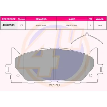 Колодки передние TOY CAMRY V40 06-/ V50 11-/ LEX ES 240/350 06- 4U 4UP03948