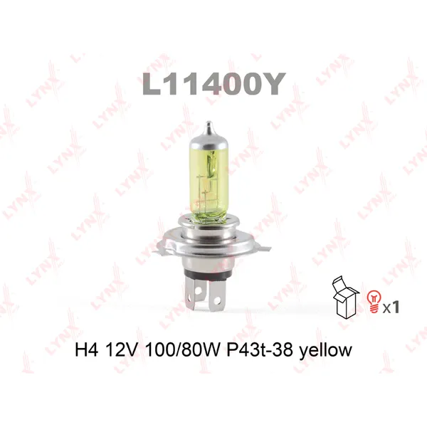 Лампа 12V H4 100/80W P43t LYNXauto Yellow 1 шт. картон L11400Y