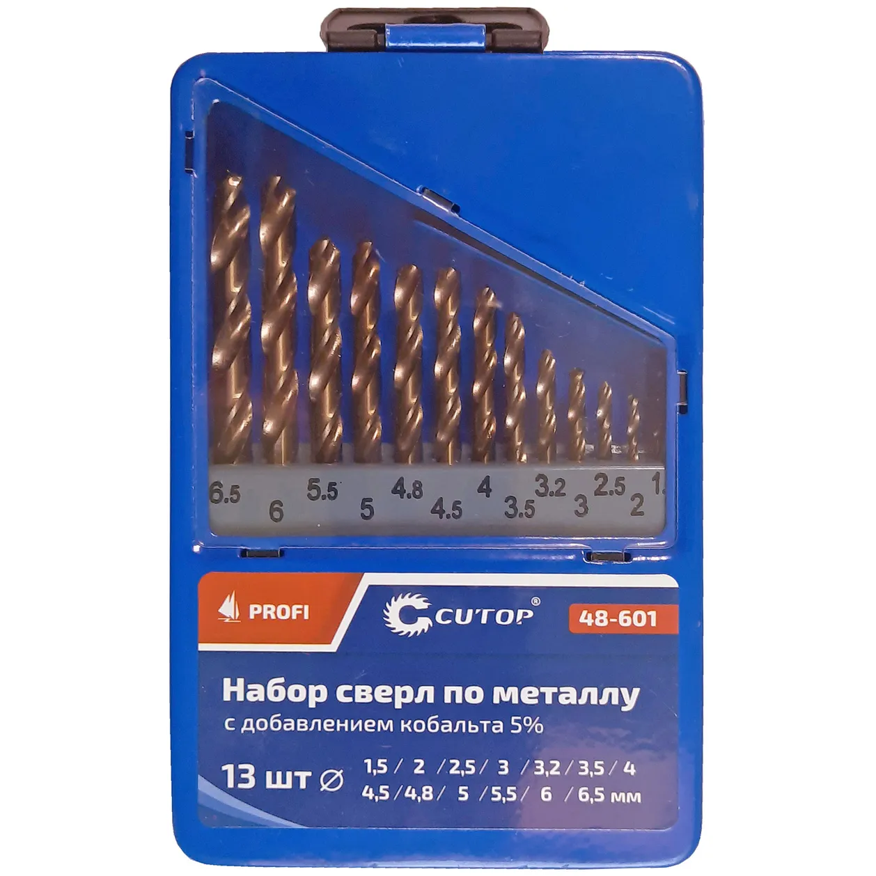 Набор сверл по металлу с кобальтом 5% в металлической коробке; 1,5-6,5 мм (через 0,5 мм + 3,2 мм; 4,8 мм), 13 шт., Cutop Profi CUTOP 48-601