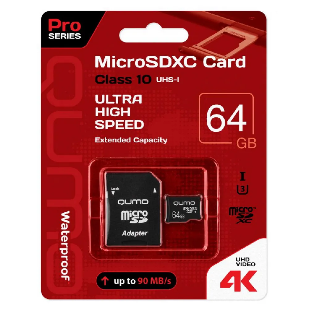 Карта памяти MicroSDXC 64GB 90/45 МБ/с UHSI U3, Pro seria 3.0 с адаптером SD QUMO 24628