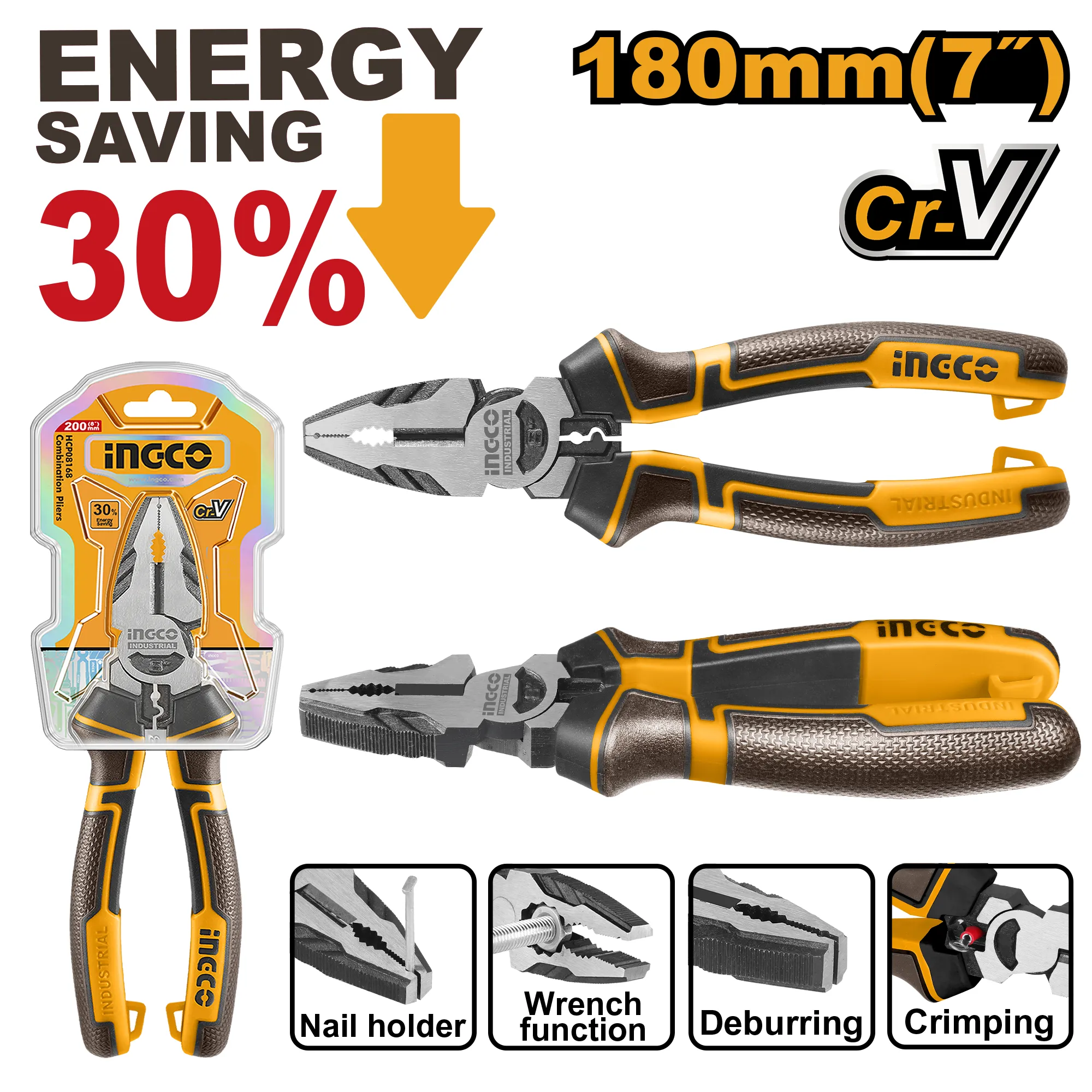 Плоскогубцы комбинированные 180 мм INDUSTRIAL INGCO HHCP28180