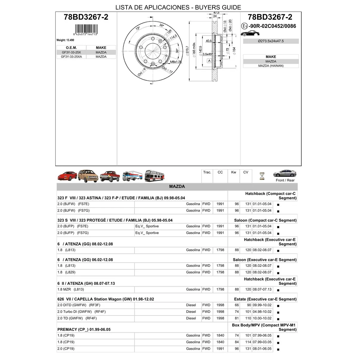 Диск тормозной передний MAZDA 6 05-> ICER 78BD3267-2