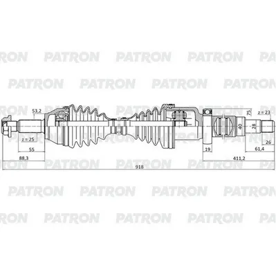 Полуось пер. прав. 25x918x53.2x23 FORD Fiesta 01- / Fusion PATRON PDS0451