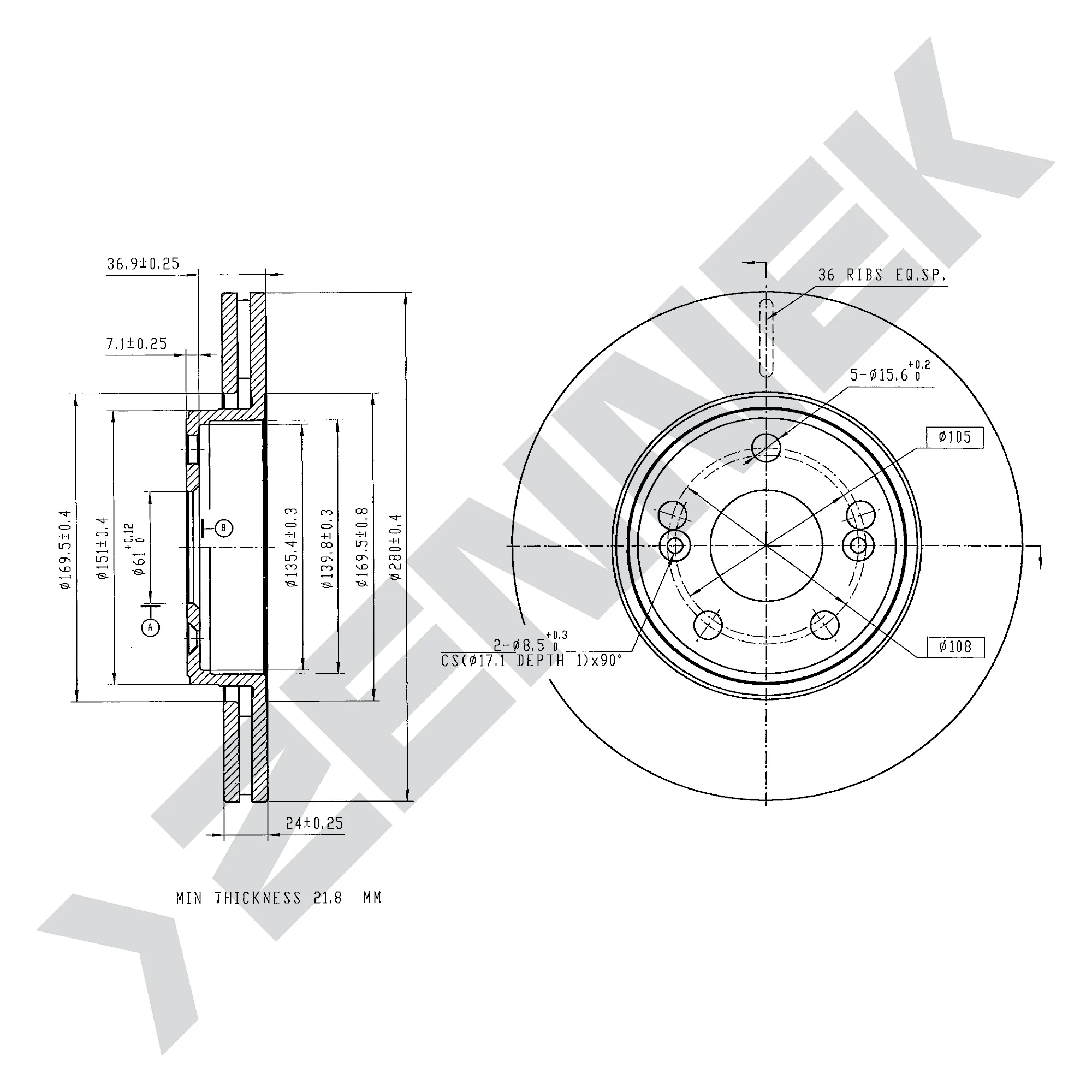 Диск тормозной передний RENAULT ESPACE 96-02, LAGUNA 93-02 (2 шт) ZENNEK DBD0104