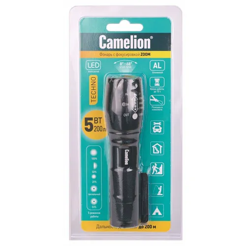 Фонарь, черн., LED XML-T6, ZOOM, 5 реж 3XLR03, алюм.,откр. блистер Camelion LED51530
