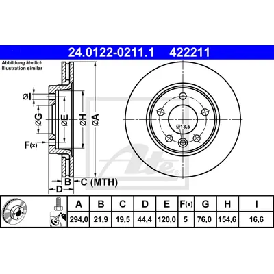 Диск тормозной задний VW T5/MULTIVAN 03-> /VENT D=294MM ATE 24.0122-0211.1
