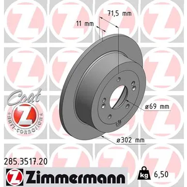 Диск тормозной задний невентилируемый HYUNDAI SANTA FE 2.7 2.2CRDI 05- 302X11 ZIMMERMANN 285351720