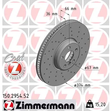 Диск тормозной передний вентилируемый перфорация 374X36 LEFT ZIMMERMANN 150295452