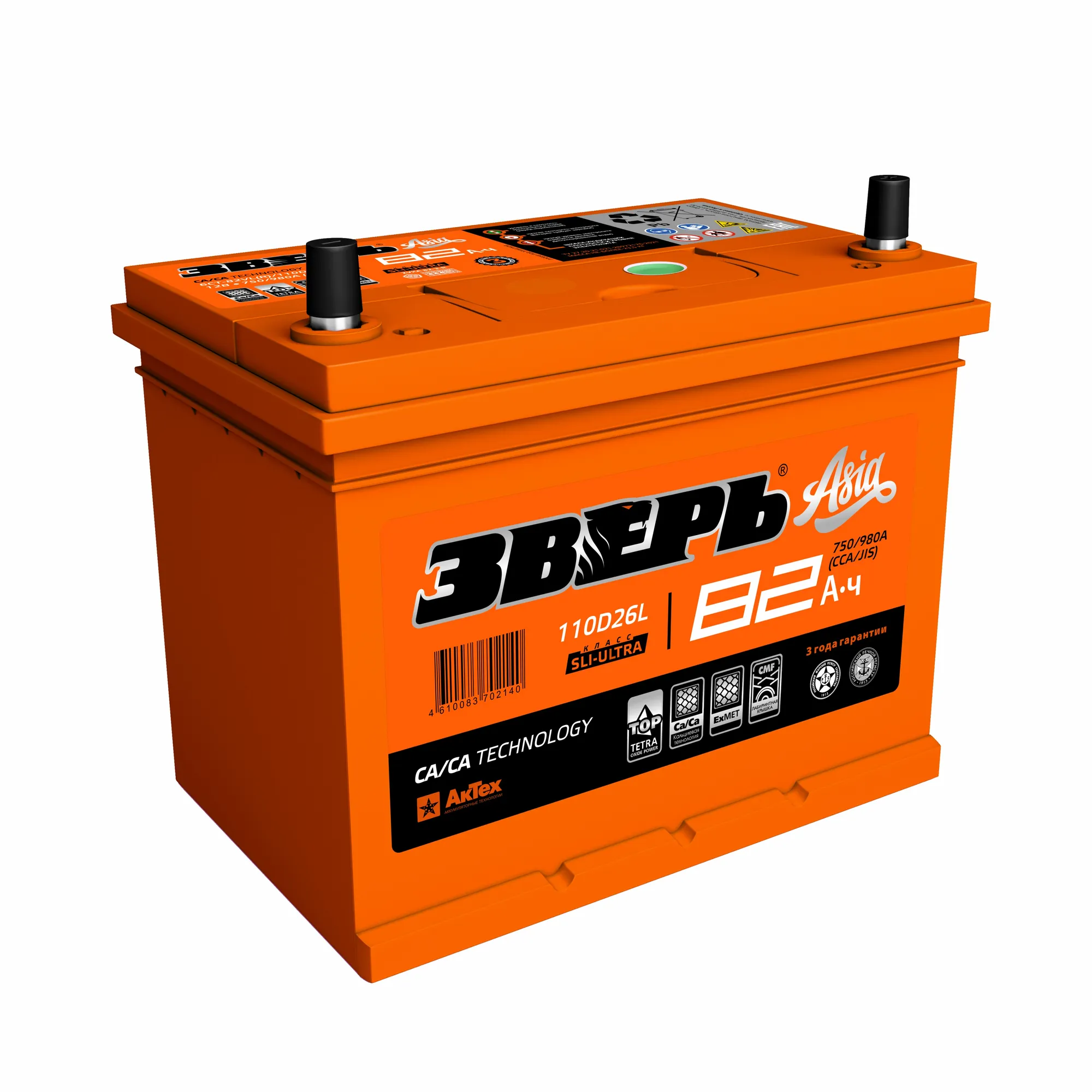 Аккумулятор ЗВЕРЬ ASIA 82 А/ч обратный R+ 260x175x225 D26 EN 750 А