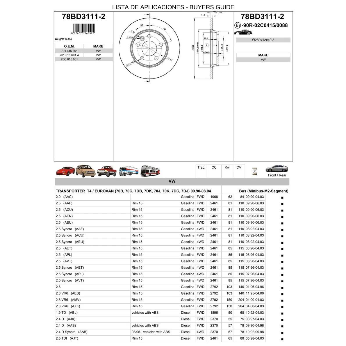 Диск тормозной задний VW T4 90-03 /D=280MM ICER 78BD3111-2