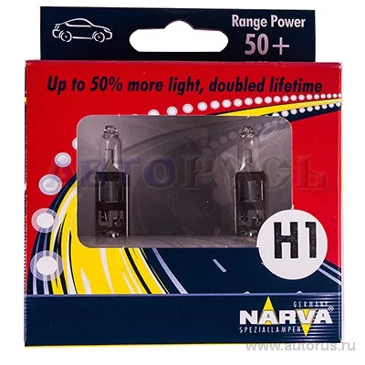 Лампа 12V H1 55W +50% NARVA Range Power White 2 шт. DUOBOX 48334-kit