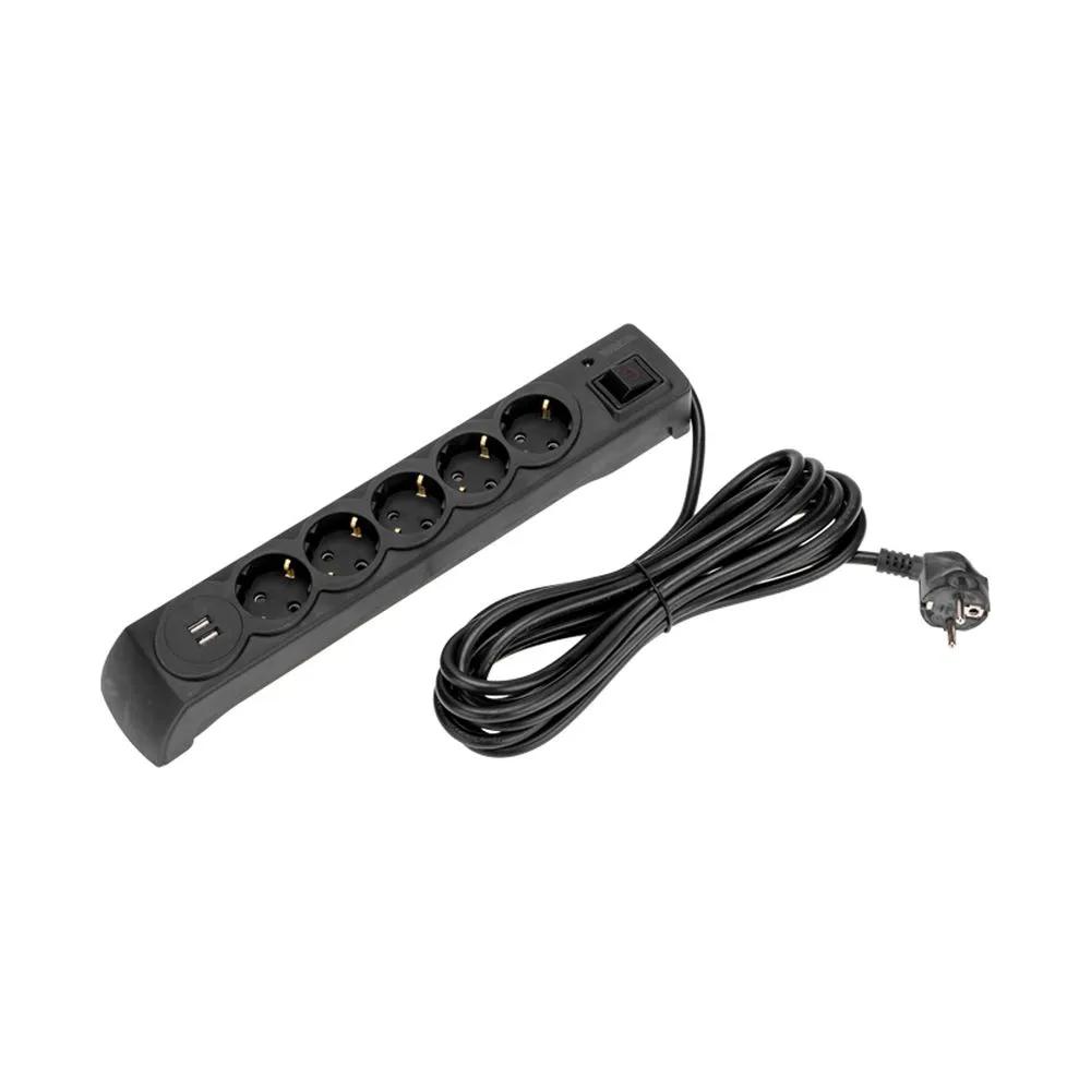 Фильтр сетевой 5 гнезд, 5м, 3х1,5мм, с автовыкл, 2 USB, черный Kranz 13-4703