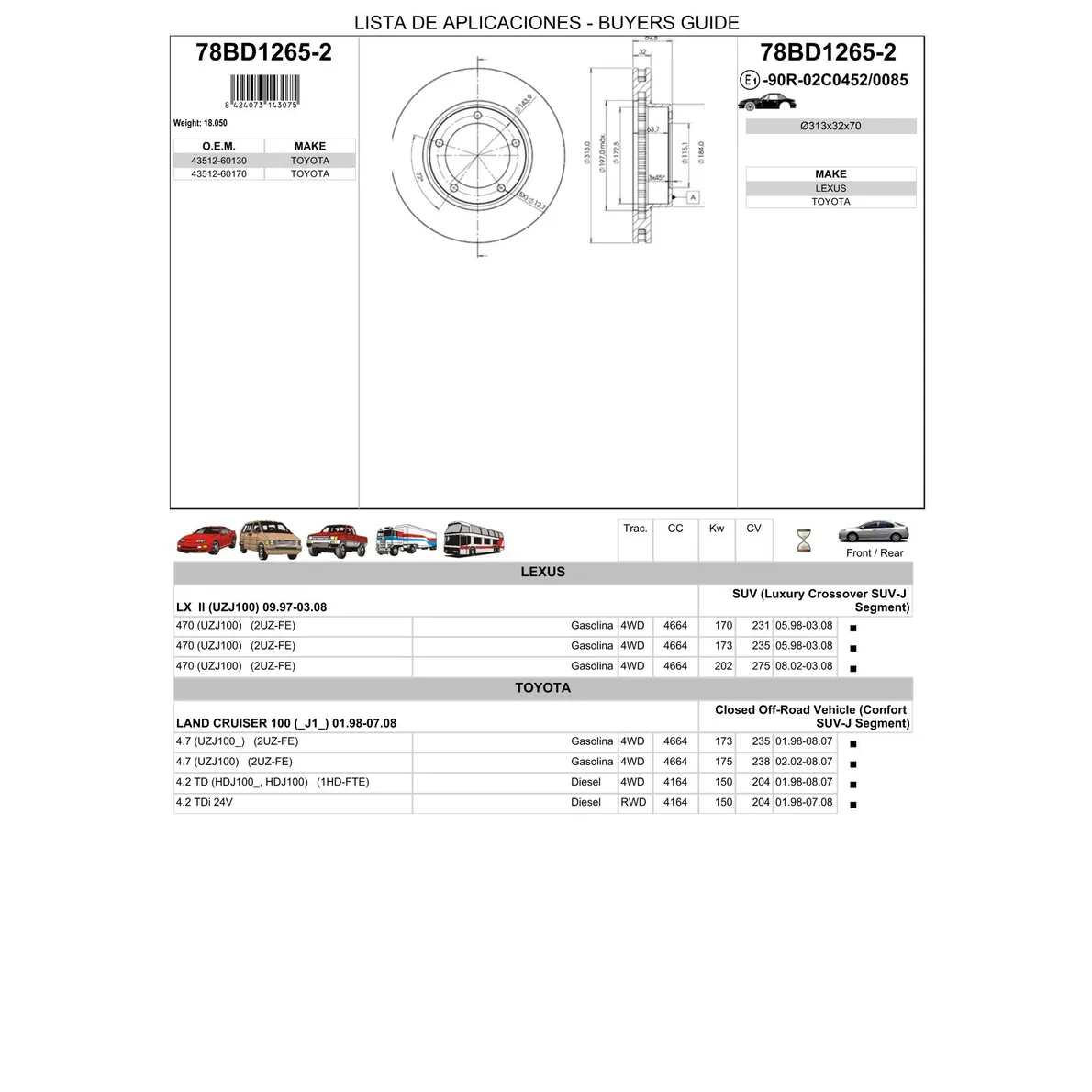 Диск тормозной передний TOYOTA LC100/LEXUS LX470 ICER 78BD1265-2