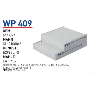 Фильтр салонный PEUGEOT 207/CITROEN DS3 2009=> WUNDER FILTER WP409