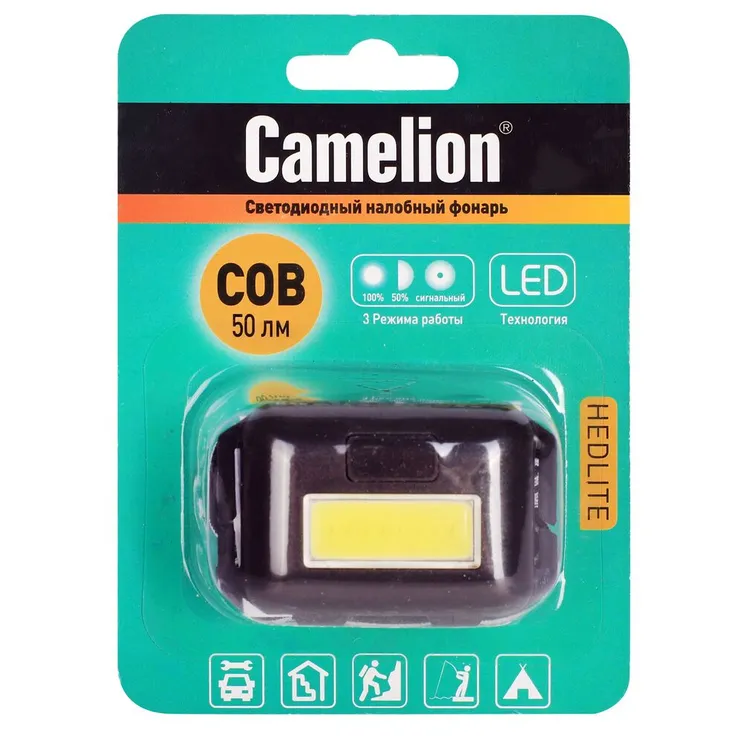 Фонарь налобн, черн.,1Вт COB LED, 3 реж, 3XAAA, пласт, блист Camelion LED5355