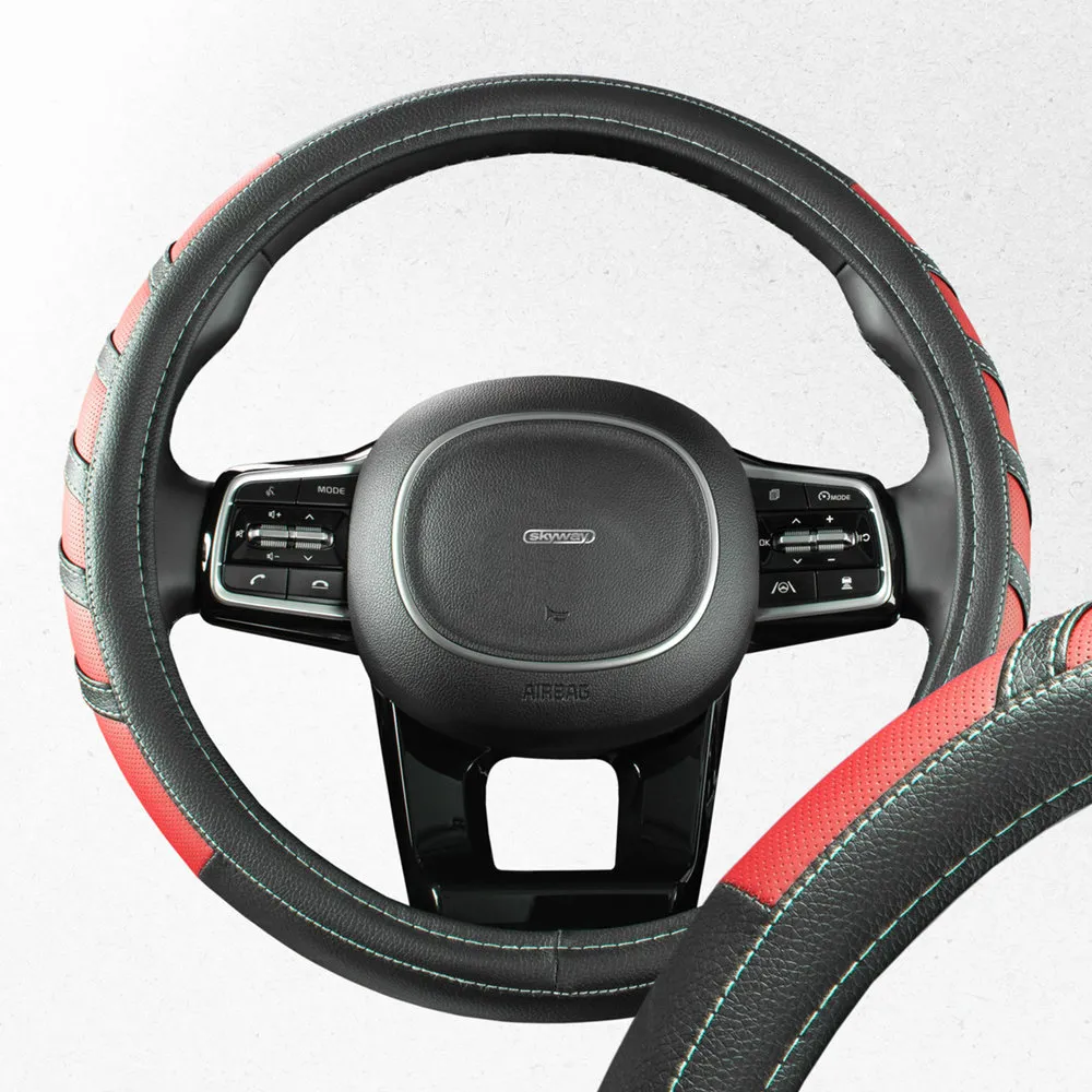 Оплетка руля SKYWAY кожаная Черно/Красная спорт ECO (M) S01102059
