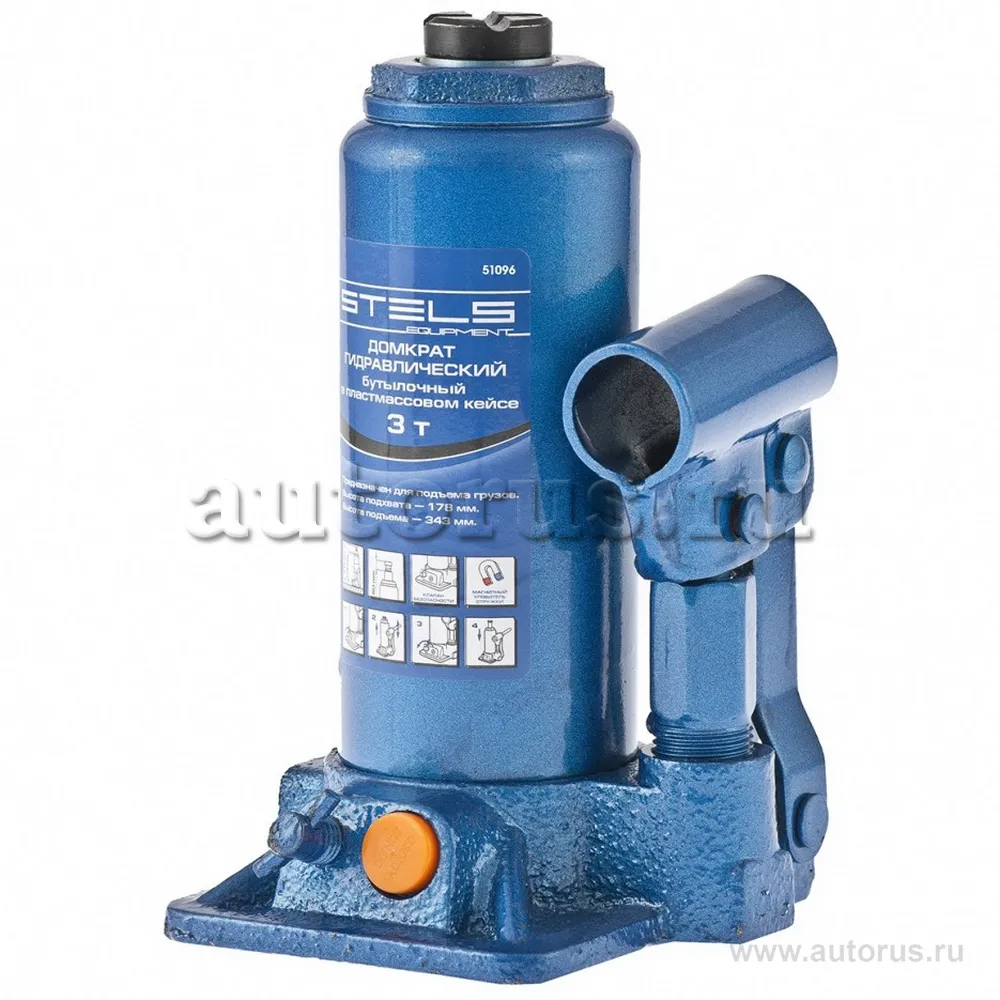 Домкрат гидравлический бутылочный, 3 т, h подъема 178343 мм STELS