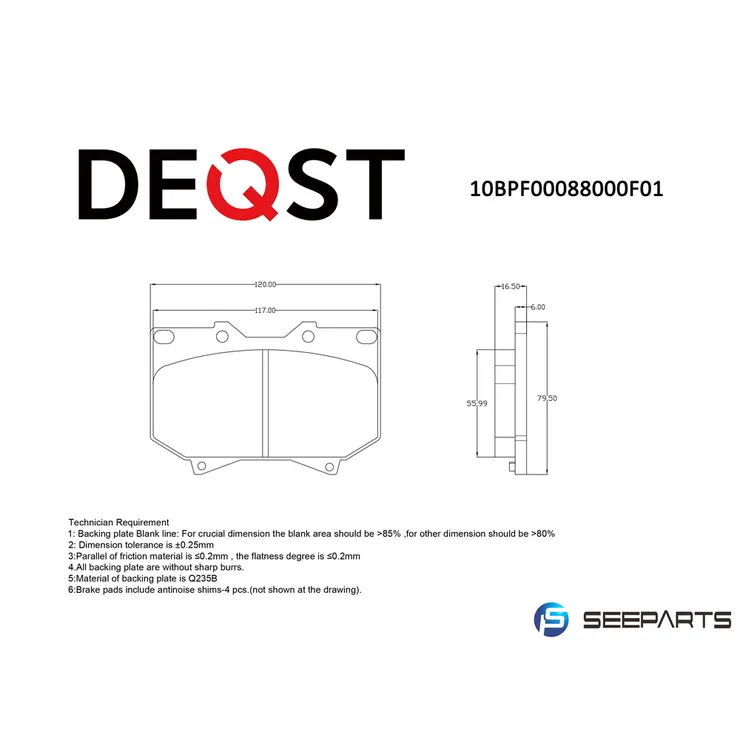Колодки тормозные, TOYOTA LC100 98->/LEXUS LX470 98-08 DEQST 10BPF00088000