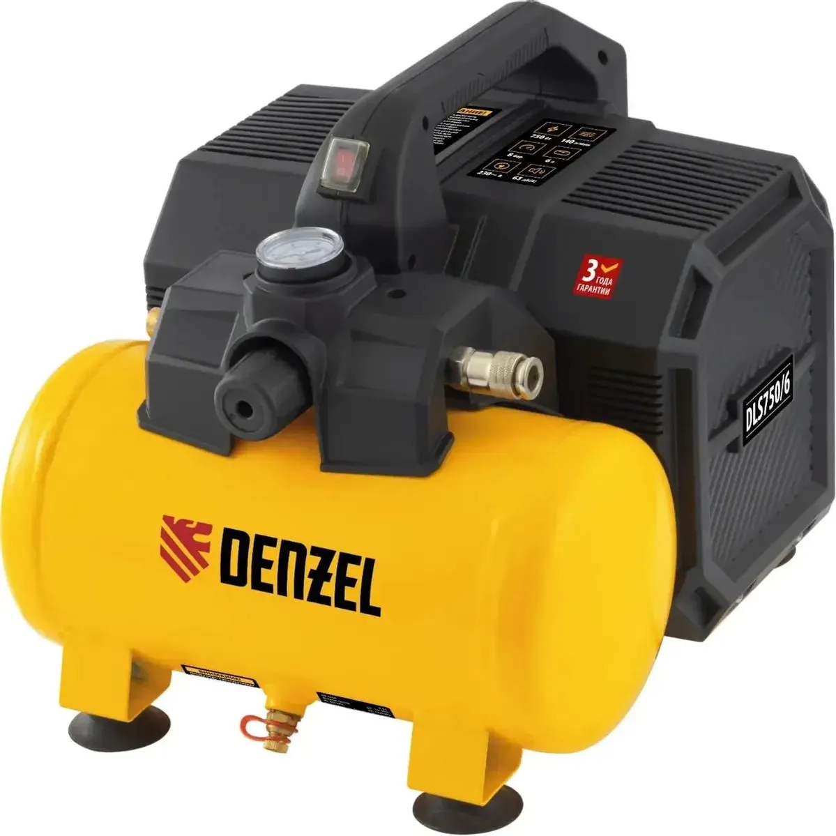 Компрессор DLS750/6 безмасляный малошумный 750 Вт, 140 л/мин,ресивер 6 л// Denzel 58019