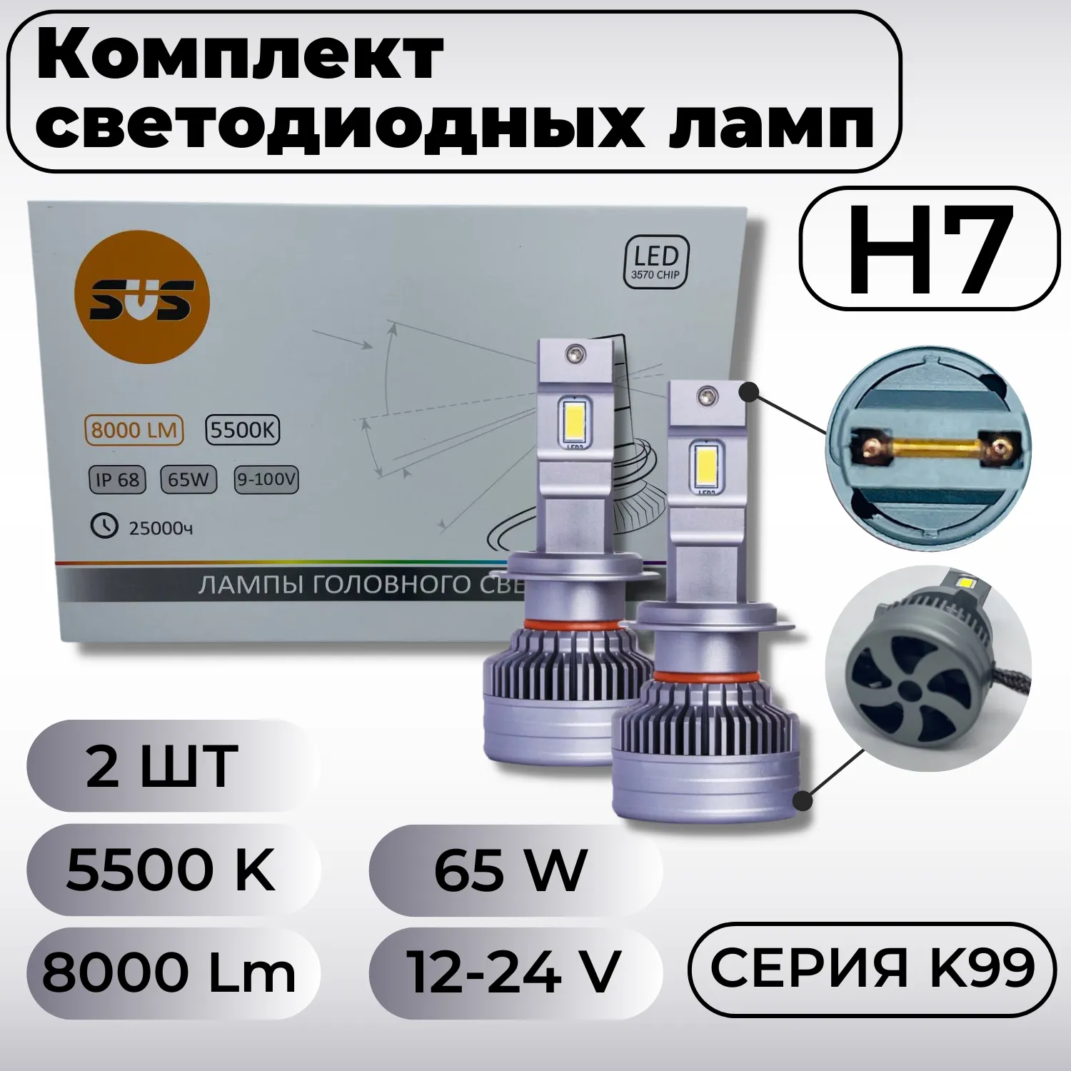 Лампа светодиодная 12/24V H7 65W 8000lm PX26d 5500K SVS K99 2 шт. картон 0240505000