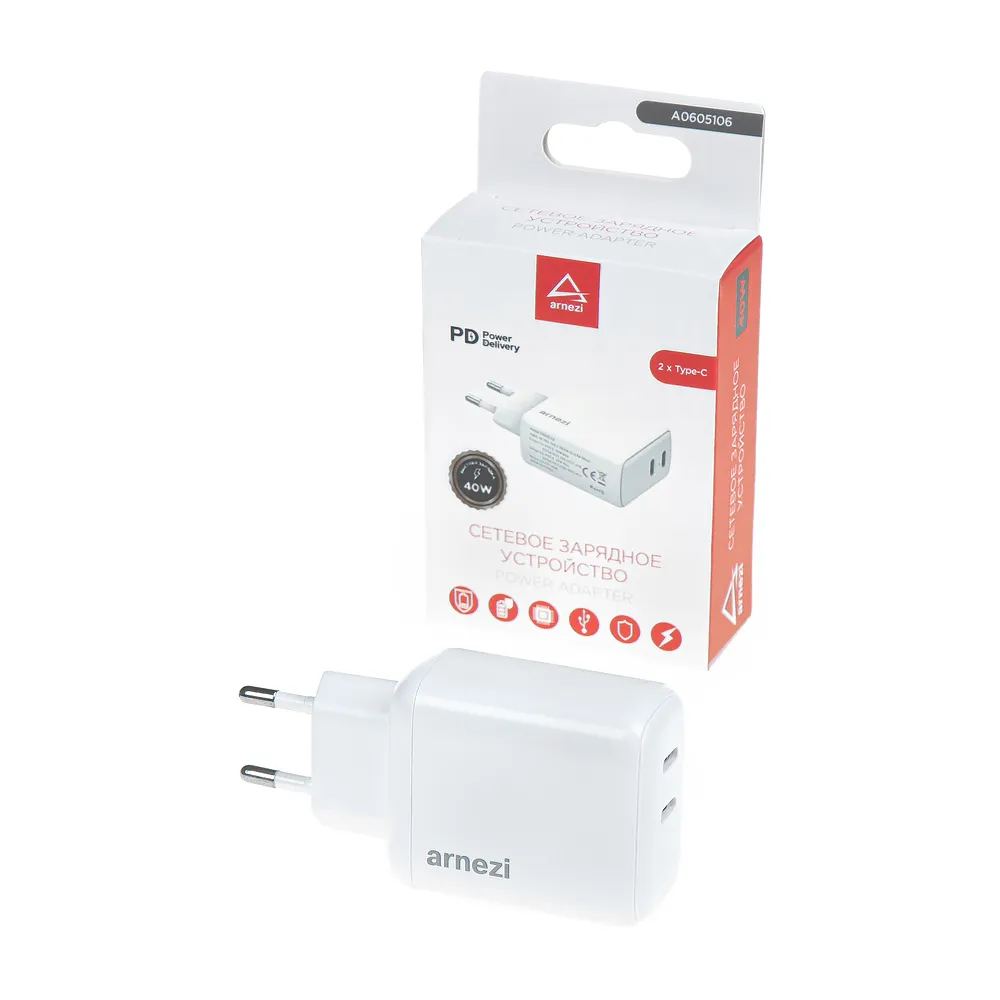 Сетевое зарядное устройство 40W 2хType-C (PD3.0) ARNEZI A0605106