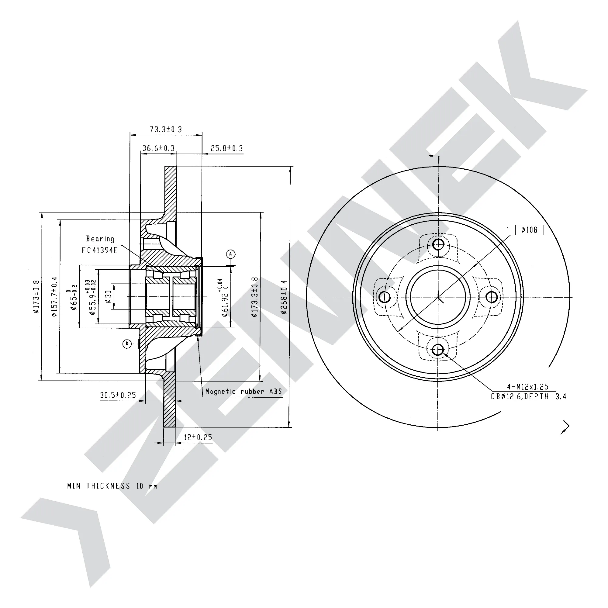 Диск тормозной задний CITRON BERLINGO 96-11, C4 06-(1 шт) ZENNEK DBD0173