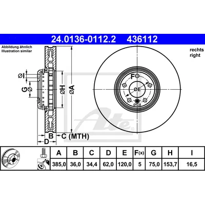Диск тормозной передний правый BMW X5/X6 (E70,E71,E72) 5.0 08=> ATE 24.0136-0112.2