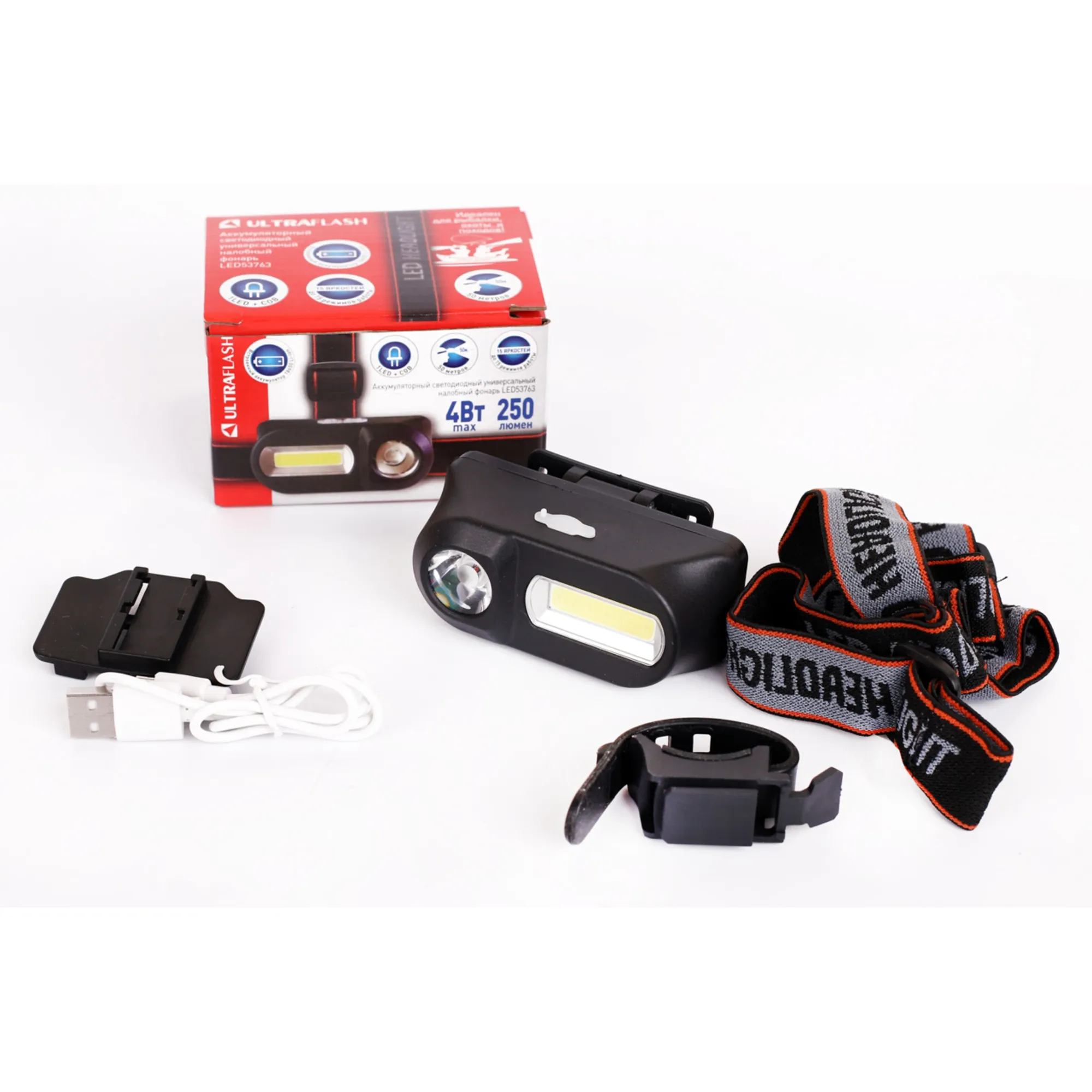 Фонарь налоб. аккум 3,7В, черный, XPE + COB LED, 3+3 Ватт, 1 реж., крепл., бокс ULTRAFLASH LED53763