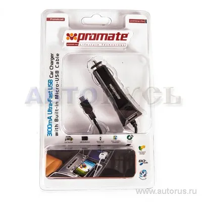 Автозарядное устройство PROMATE proCharge-plus, USB, micro-USB, 3,1A, для моб. устройств