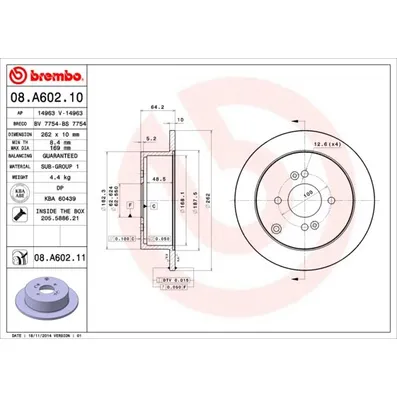 Диск тормозной задний [262X10] 4 отверстий BREMBO 08.A602.11