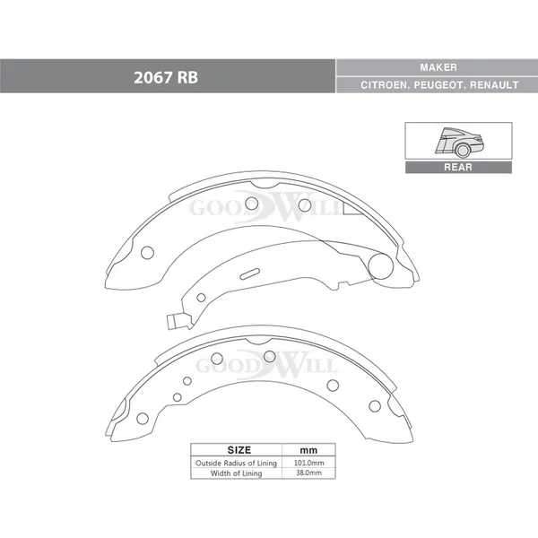 Колодки тормозные барабанные, комплект RENAULT Logan, CITROEN GOODWILL 2067RB