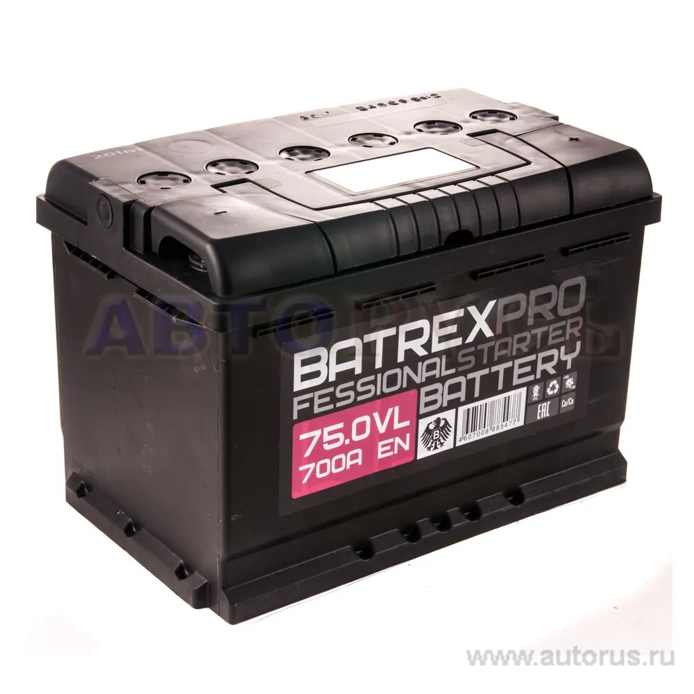 Аккумулятор BATREX STANDART 75 А/ч обратная R+ EN 700A, 278x175x190 6CT-75.0 VL 6CT-75.0 VL