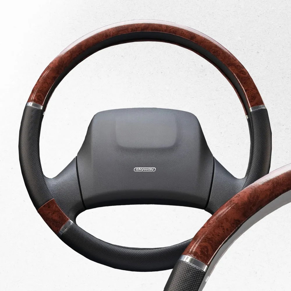 Оплетка руля SKYWAY кожаная Черно/Коричневая дерево, хром ECO (L) SKYWAY S01102027
