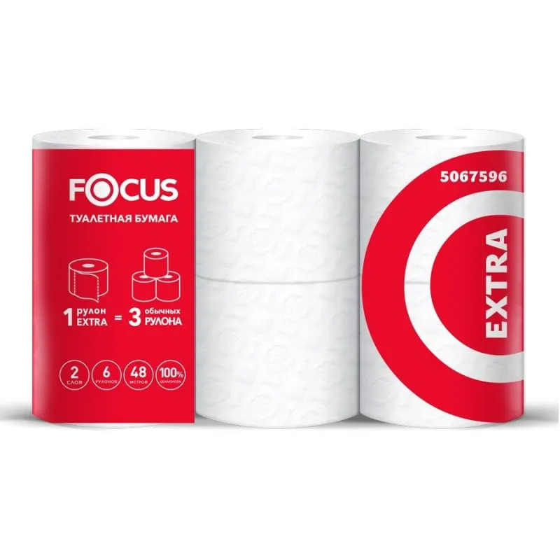 Бумага туалетная Focus Extra 2сл бел 100цел, 48м, 6рул/уп 5042265/5067596 1418097