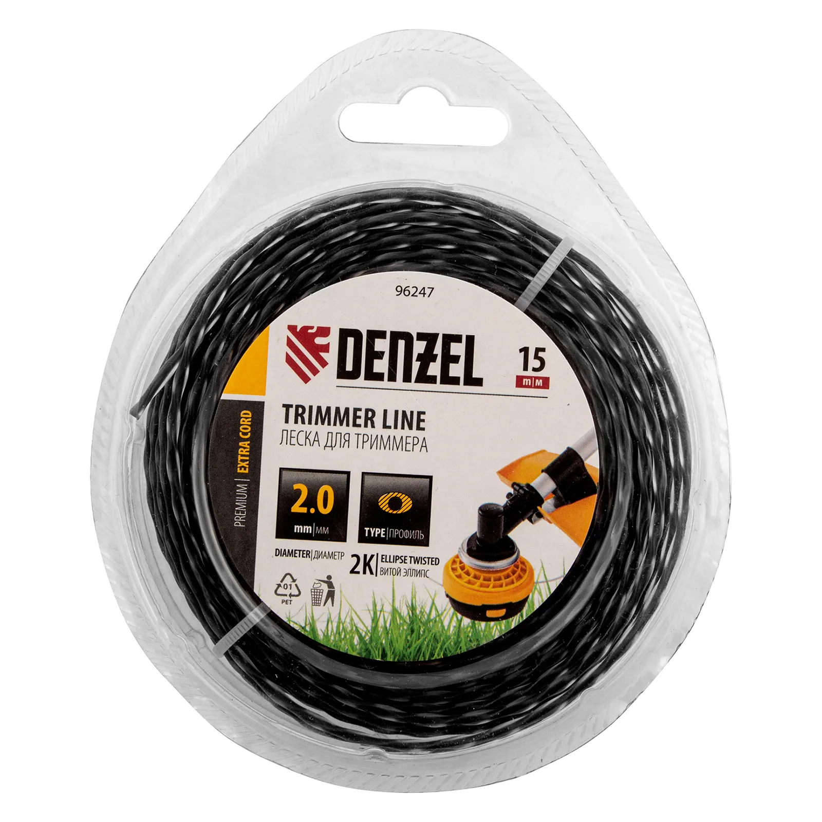 Леска для триммера двухкомпонентная эллипс, 2,0мм х 15м, блистер EXTRA CORD Denzel 96247