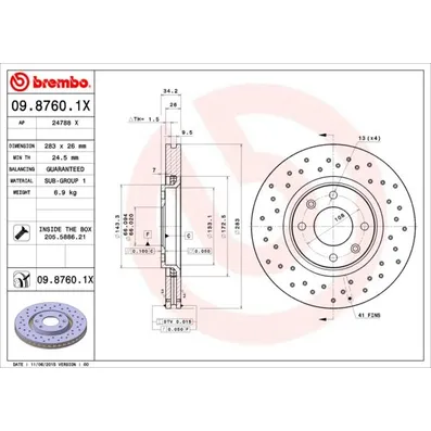 Диск тормозной передний перфорированный CITROEN C5 / PEUGEOT 307 BREMBO 09.8760.1X
