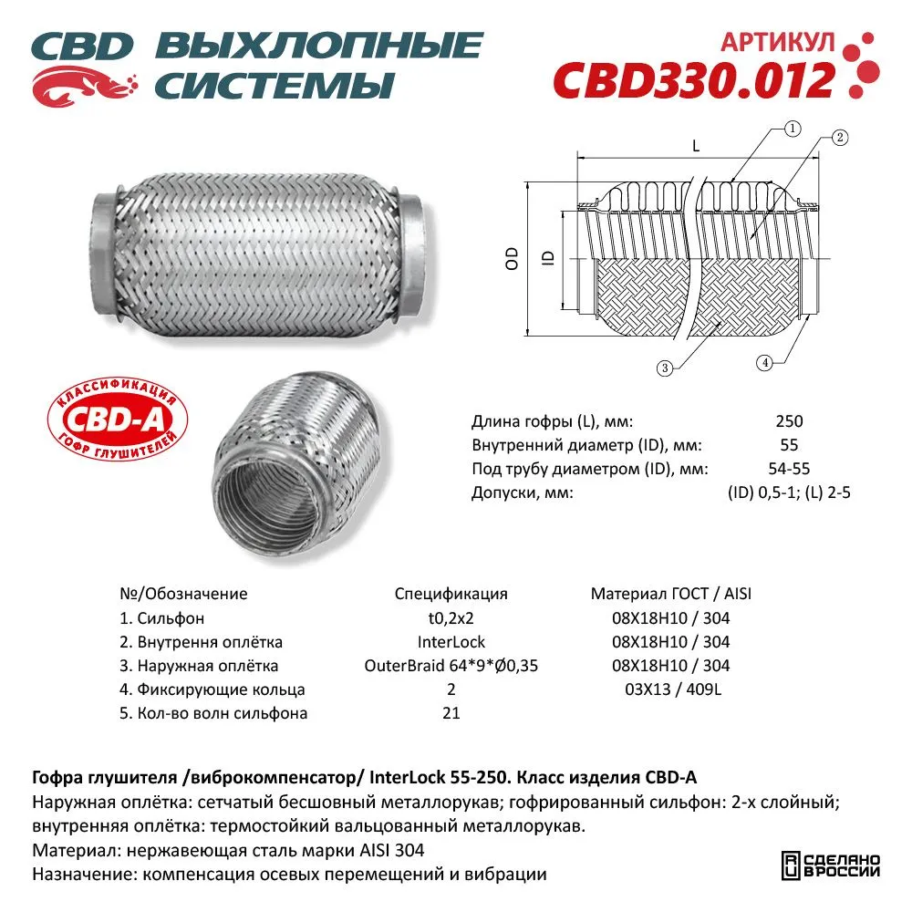 Гофра глушителя InterLock 55-250 (КЛАСС CBD-A) AISI 304. CBD CBD330.012