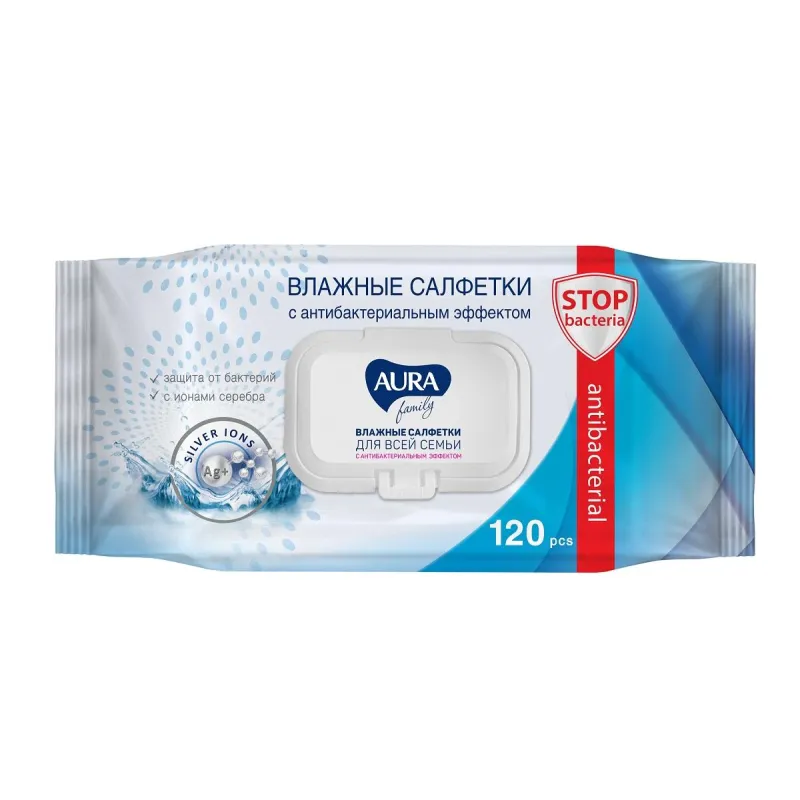 Салфетки влажные AURA антибак Family 120шт с крышкой 716564