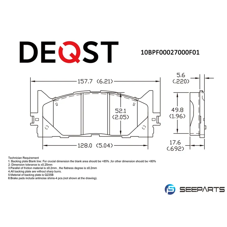 Колодки тормозные, передние TOYOTA CAMRY V40 06-/V50 11-/LEXUS ES 240/350 06- DEQST 10BPF00027000