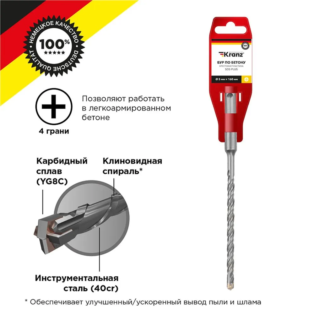 Бур по бетону 5x160x100 мм крестовая пластина SDS PLUS Kranz KR-91-0820