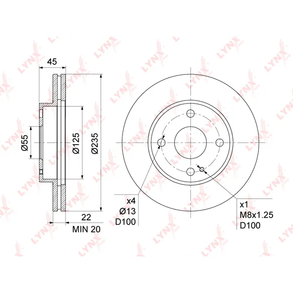 Диск тормозной передний (235X22) MAZDA DEMIO(DW) 1.3-1.5 98-03 / 323 IV-V LYNXAUTO BN-1067