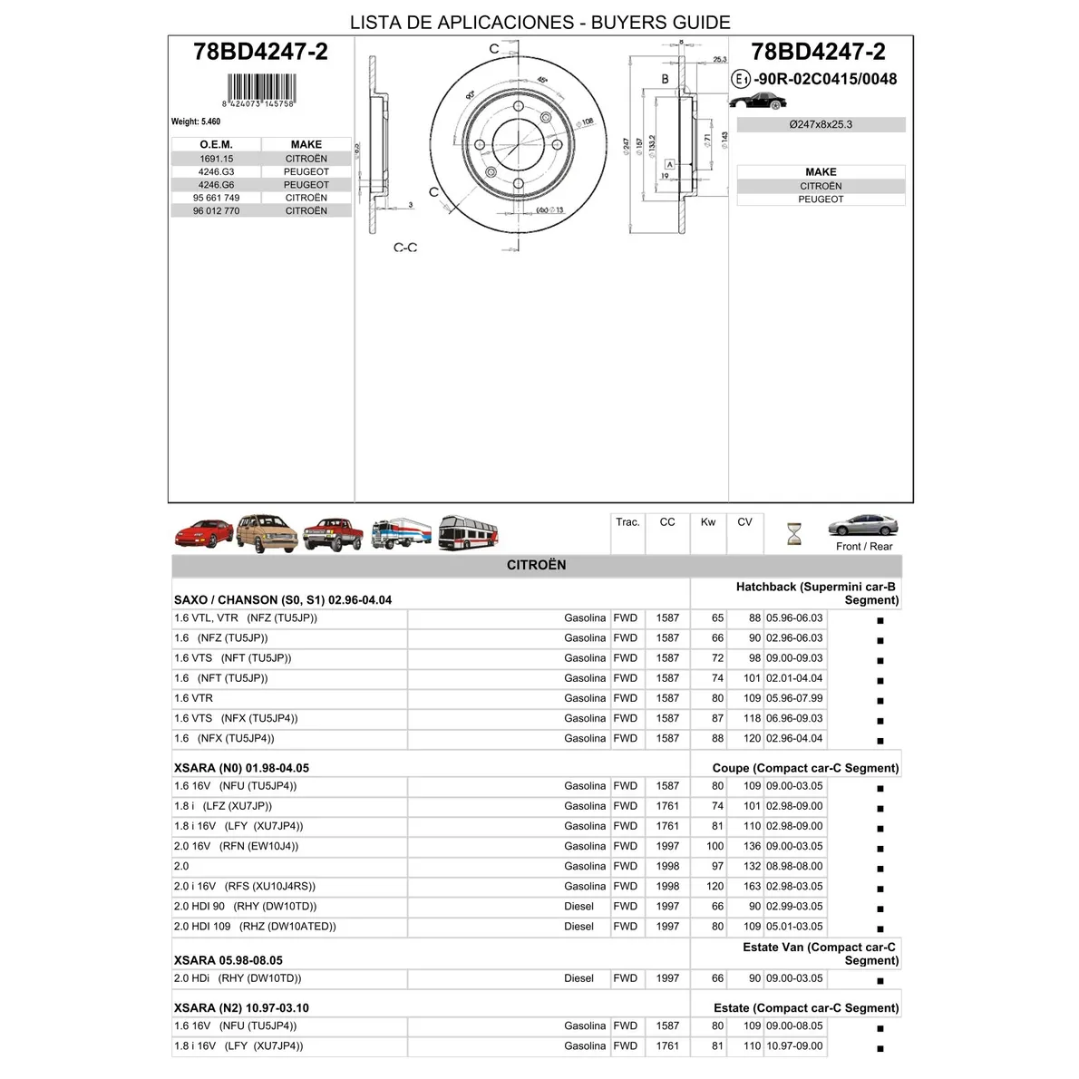 Диск тормозной задний CITROEN XSARA/PEUGEOT 206 /D=247MM ICER 78BD4247-2